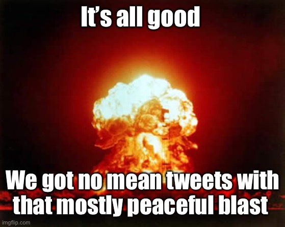 Nuclear Explosion Meme | It’s all good We got no mean tweets with that mostly peaceful blast | image tagged in memes,nuclear explosion | made w/ Imgflip meme maker