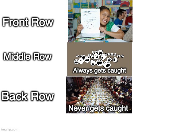 Rows in the school classroom | Front Row; Middle Row; Always gets caught; Back Row; Never gets caught | image tagged in blank white template,memes,so true memes,school | made w/ Imgflip meme maker