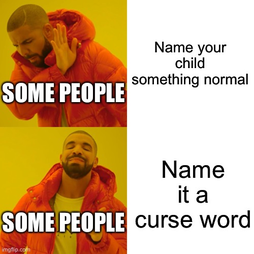 Drake Hotline Bling | Name your child something normal; SOME PEOPLE; Name it a curse word; SOME PEOPLE | image tagged in memes,drake hotline bling | made w/ Imgflip meme maker