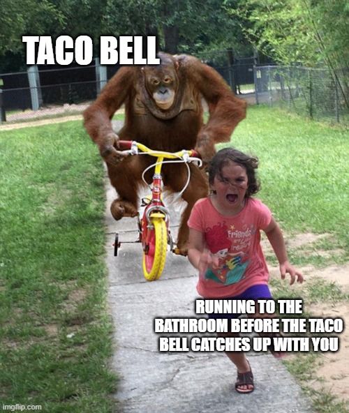 Can't Outrun Taco Bell | TACO BELL; RUNNING TO THE BATHROOM BEFORE THE TACO BELL CATCHES UP WITH YOU | image tagged in orangutan chasing girl on a tricycle,memes,funny memes,taco bell,its happening,too late | made w/ Imgflip meme maker