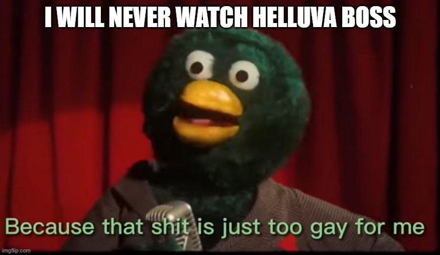 Miss me with that gay shit | I WILL NEVER WATCH HELLUVA BOSS | image tagged in miss me with that gay shit | made w/ Imgflip meme maker