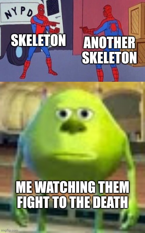 SKELETON ANOTHER SKELETON ME WATCHING THEM FIGHT TO THE DEATH | image tagged in spiderman pointing at spiderman,sully wazowski | made w/ Imgflip meme maker