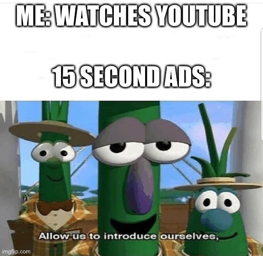 Allow us to introduce ourselves |  ME: WATCHES YOUTUBE; 15 SECOND ADS: | image tagged in allow us to introduce ourselves | made w/ Imgflip meme maker