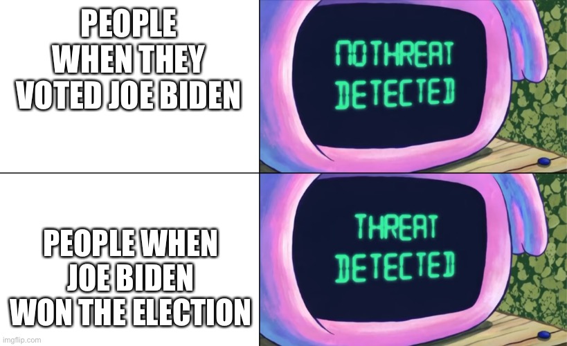 So true | PEOPLE WHEN THEY VOTED JOE BIDEN; PEOPLE WHEN JOE BIDEN WON THE ELECTION | image tagged in no threat detected threat detected | made w/ Imgflip meme maker