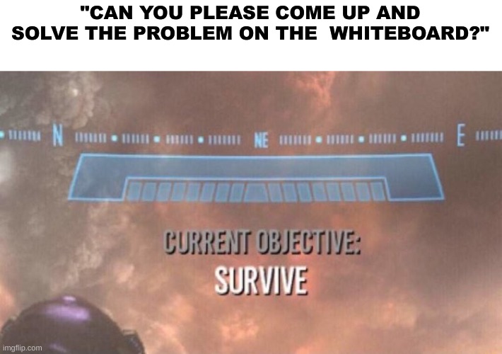 then you hope that you knew the answer | "CAN YOU PLEASE COME UP AND SOLVE THE PROBLEM ON THE  WHITEBOARD?" | image tagged in current objective survive | made w/ Imgflip meme maker