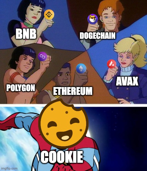 Captian Cookiesale.io | BNB; DOGECHAIN; AVAX; POLYGON; ETHEREUM; COOKIE | image tagged in captain planet with everybody | made w/ Imgflip meme maker