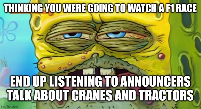 Grossed out Spongebob | THINKING YOU WERE GOING TO WATCH A F1 RACE; END UP LISTENING TO ANNOUNCERS TALK ABOUT CRANES AND TRACTORS | image tagged in grossed out spongebob,formuladank | made w/ Imgflip meme maker