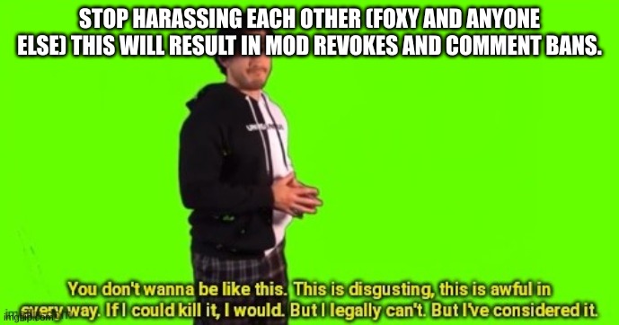 You don't wanna be like this | STOP HARASSING EACH OTHER (FOXY AND ANYONE ELSE) THIS WILL RESULT IN MOD REVOKES AND COMMENT BANS. | image tagged in you don't wanna be like this | made w/ Imgflip meme maker