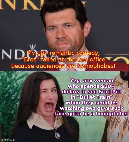 Billy Eichner whine | Yep, any woman who spends $30+ dollars to see Brad Pitt in "Bullet Train" when they could be watching two guys suck face gotta be a homophobe! My gay romantic comedy, "Bros" failed at the box office because audiences are homophobes! | image tagged in winking woman,billy eichner,whine,gay,bros movie,get over it | made w/ Imgflip meme maker