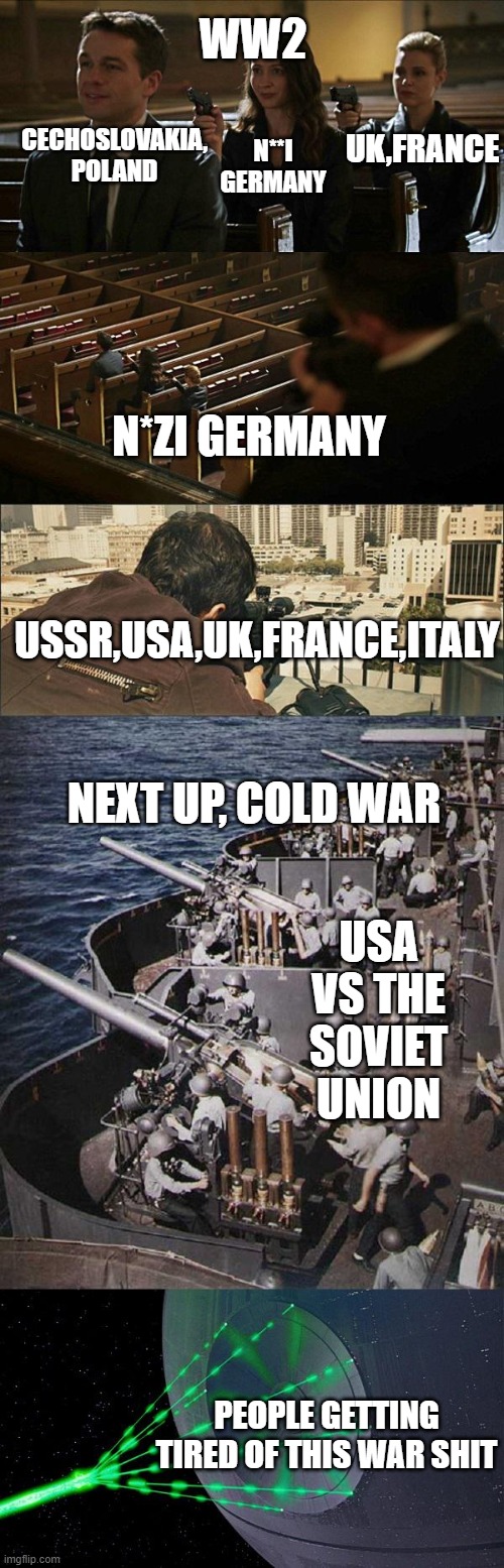 Assasination chain extended | WW2; N**I GERMANY; UK,FRANCE; CECHOSLOVAKIA,
POLAND; N*ZI GERMANY; USSR,USA,UK,FRANCE,ITALY; NEXT UP, COLD WAR; USA VS THE SOVIET UNION; PEOPLE GETTING TIRED OF THIS WAR SHIT | image tagged in wars | made w/ Imgflip meme maker