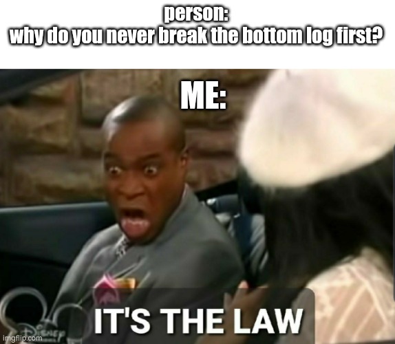 Minecraft | person:
why do you never break the bottom log first? ME: | image tagged in it's the law | made w/ Imgflip meme maker
