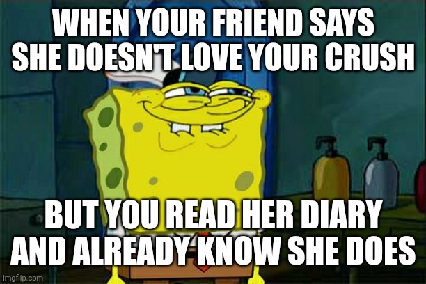 Don't You Squidward Meme | WHEN YOUR FRIEND SAYS SHE DOESN'T LOVE YOUR CRUSH; BUT YOU READ HER DIARY AND ALREADY KNOW SHE DOES | image tagged in memes,don't you squidward | made w/ Imgflip meme maker