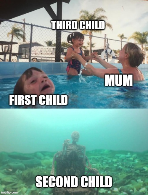 Mom Ignoring Kid Drowning with Skeleton in Trash | THIRD CHILD; MUM; FIRST CHILD; SECOND CHILD | image tagged in mom ignoring kid drowning with skeleton in trash | made w/ Imgflip meme maker