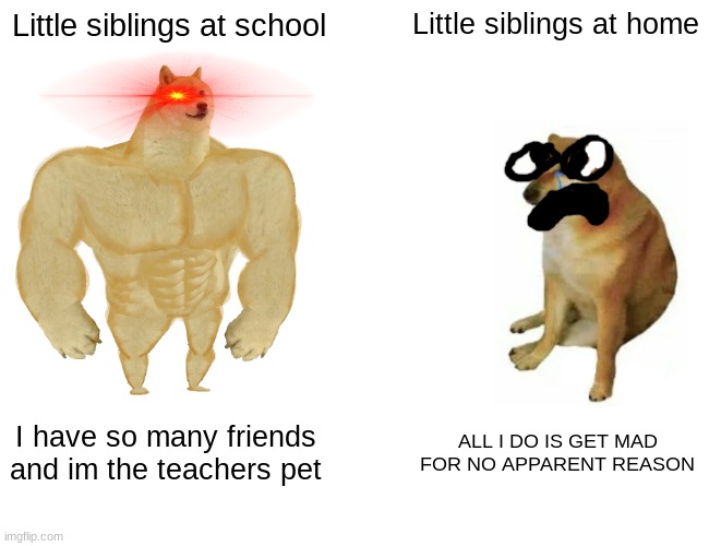 Buff Doge vs. Cheems | Little siblings at school; Little siblings at home; I have so many friends and im the teachers pet; ALL I DO IS GET MAD FOR NO APPARENT REASON | image tagged in memes,buff doge vs cheems | made w/ Imgflip meme maker