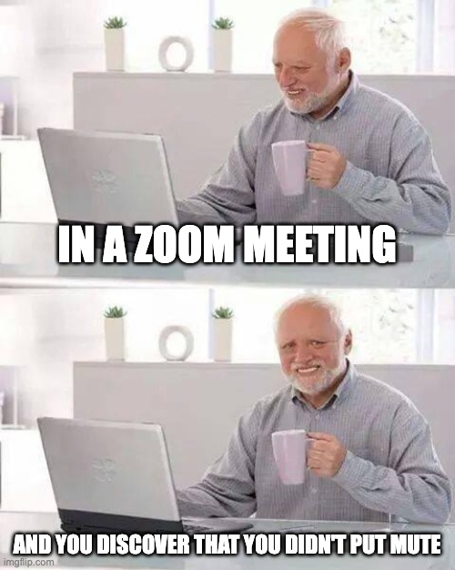 fun | IN A ZOOM MEETING; AND YOU DISCOVER THAT YOU DIDN'T PUT MUTE | image tagged in memes,hide the pain harold | made w/ Imgflip meme maker