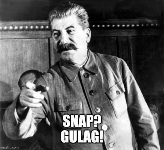 Stalins Advice | SNAP?
GULAG! | image tagged in stalins advice | made w/ Imgflip meme maker