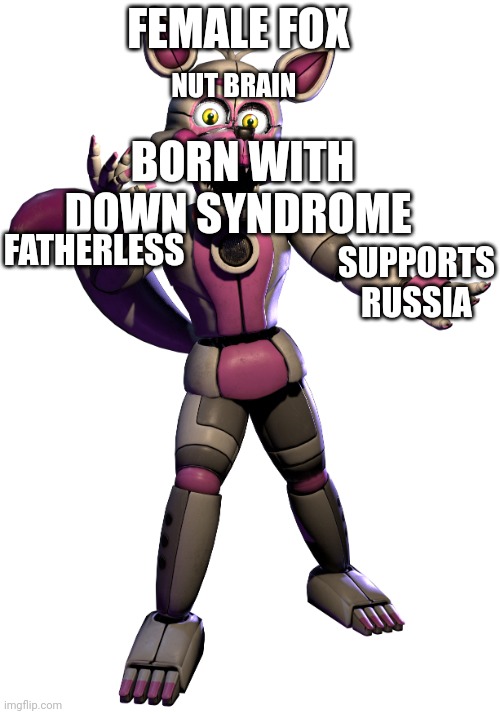 MichaelMasi be like: | FEMALE FOX; BORN WITH DOWN SYNDROME; NUT BRAIN; FATHERLESS; SUPPORTS RUSSIA | image tagged in funtime foxy,michaelmasi,down,down syndrome | made w/ Imgflip meme maker