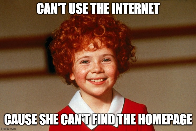 No Web | CAN'T USE THE INTERNET; CAUSE SHE CAN'T FIND THE HOMEPAGE | image tagged in little orphan annie | made w/ Imgflip meme maker