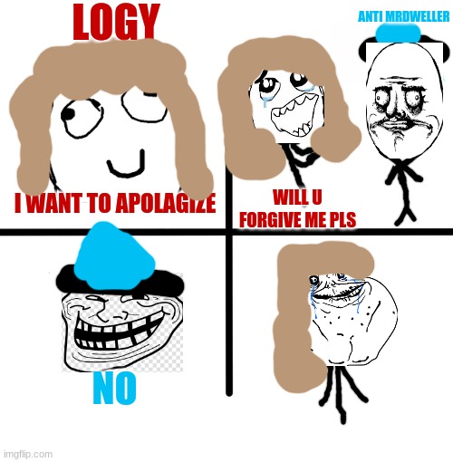 Logy tries (depression meme) | LOGY; ANTI MRDWELLER; I WANT TO APOLAGIZE; WILL U FORGIVE ME PLS; NO | image tagged in memes,anti mrdweller,logy does editor video,trollface,forever alone,derp | made w/ Imgflip meme maker