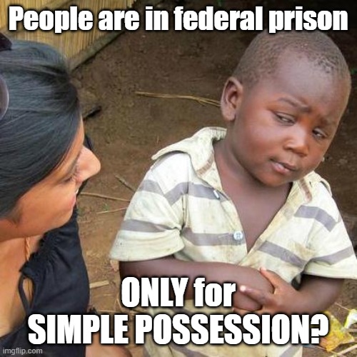 Third World Skeptical Kid Meme | People are in federal prison ONLY for SIMPLE POSSESSION? | image tagged in memes,third world skeptical kid | made w/ Imgflip meme maker