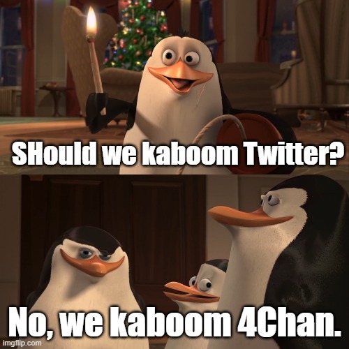 we do that. | SHould we kaboom Twitter? No, we kaboom 4Chan. | image tagged in madagascar penguin kaboom | made w/ Imgflip meme maker