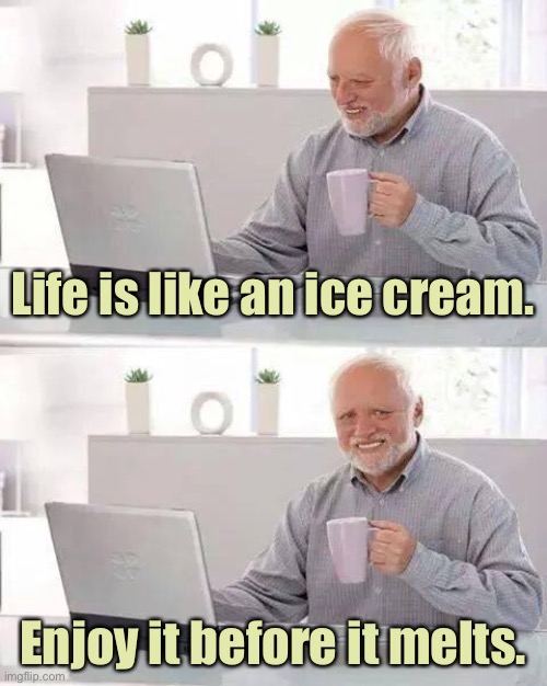 Harold on life | Life is like an ice cream. Enjoy it before it melts. | image tagged in memes,hide the pain harold,life,ice cream,ear before melts,eyeroll | made w/ Imgflip meme maker
