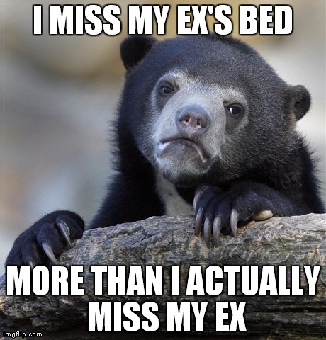 Confession Bear Meme | I MISS MY EX'S BED MORE THAN I ACTUALLY MISS MY EX | image tagged in memes,confession bear,AdviceAnimals | made w/ Imgflip meme maker