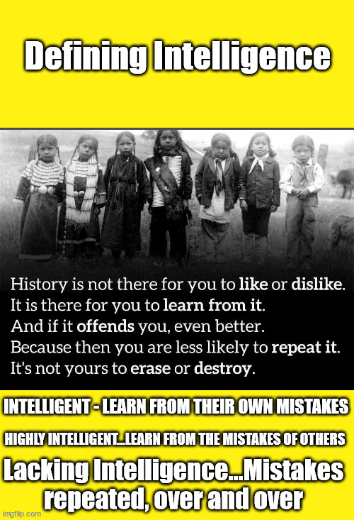Defining ACTUAL Intelligence | Defining Intelligence; INTELLIGENT - LEARN FROM THEIR OWN MISTAKES; HIGHLY INTELLIGENT...LEARN FROM THE MISTAKES OF OTHERS; Lacking Intelligence...Mistakes repeated, over and over | image tagged in intelligence,stupid,idiot,biden,democrats | made w/ Imgflip meme maker