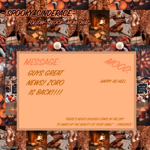Cinderaces spooky month announcement temp | GUYS GREAT NEWS! ZORO IS BACK!!!! HAPPY AS HELL | image tagged in cinderaces spooky month announcement temp | made w/ Imgflip meme maker