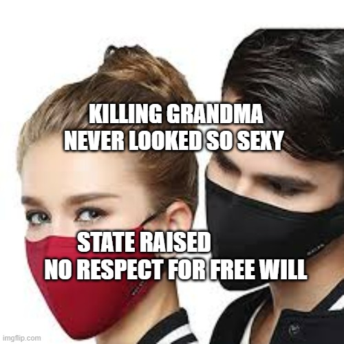 Mask Couple | KILLING GRANDMA NEVER LOOKED SO SEXY; STATE RAISED                NO RESPECT FOR FREE WILL | image tagged in mask couple | made w/ Imgflip meme maker