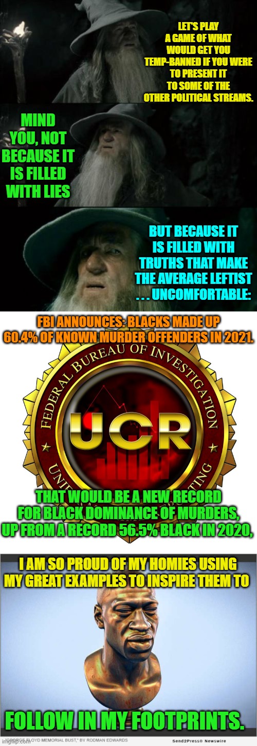 Yes . . . some genuinely uncomfortable truths. | LET'S PLAY A GAME OF WHAT WOULD GET YOU TEMP-BANNED IF YOU WERE TO PRESENT IT TO SOME OF THE OTHER POLITICAL STREAMS. MIND YOU, NOT BECAUSE IT IS FILLED WITH LIES; BUT BECAUSE IT IS FILLED WITH TRUTHS THAT MAKE THE AVERAGE LEFTIST . . . UNCOMFORTABLE:; FBI ANNOUNCES: BLACKS MADE UP 60.4% OF KNOWN MURDER OFFENDERS IN 2021. THAT WOULD BE A NEW RECORD FOR BLACK DOMINANCE OF MURDERS, UP FROM A RECORD 56.5% BLACK IN 2020, I AM SO PROUD OF MY HOMIES USING MY GREAT EXAMPLES TO INSPIRE THEM TO; FOLLOW IN MY FOOTPRINTS. | image tagged in george floyd blm | made w/ Imgflip meme maker