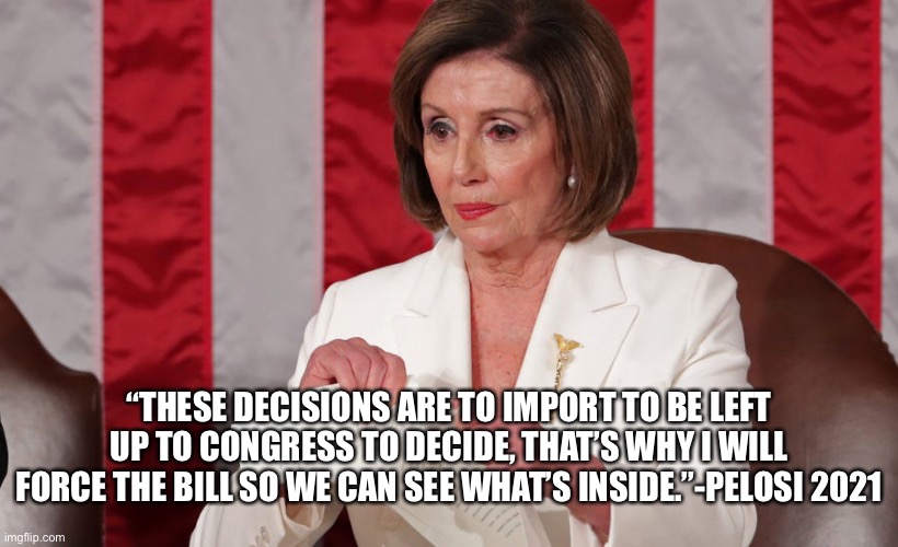 Pelosi | “THESE DECISIONS ARE TO IMPORT TO BE LEFT UP TO CONGRESS TO DECIDE, THAT’S WHY I WILL FORCE THE BILL SO WE CAN SEE WHAT’S INSIDE.”-PELOSI 2021 | image tagged in pelosi tantrum | made w/ Imgflip meme maker