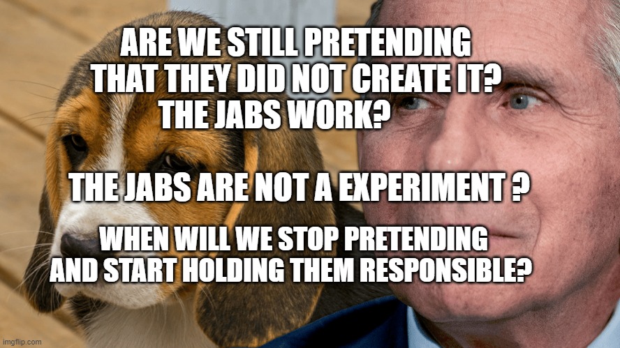 Fauci's Ouchie | ARE WE STILL PRETENDING THAT THEY DID NOT CREATE IT?
THE JABS WORK?                                    THE JABS ARE NOT A EXPERIMENT ? WHEN WILL WE STOP PRETENDING AND START HOLDING THEM RESPONSIBLE? | image tagged in fauci's ouchie | made w/ Imgflip meme maker