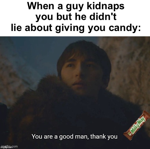 He's a man of love | When a guy kidnaps you but he didn't lie about giving you candy: | image tagged in you are a good man thank you,memes,unfunny | made w/ Imgflip meme maker