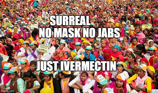 India COVID 19 protest | SURREAL           NO MASK NO JABS; JUST IVERMECTIN | image tagged in india covid 19 protest | made w/ Imgflip meme maker