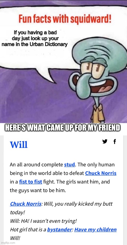The Urban Dictionary | If you having a bad day just look up your name in the Urban Dictionary; HERE’S WHAT CAME UP FOR MY FRIEND | image tagged in fun facts with squidward,will,urban dictionary | made w/ Imgflip meme maker