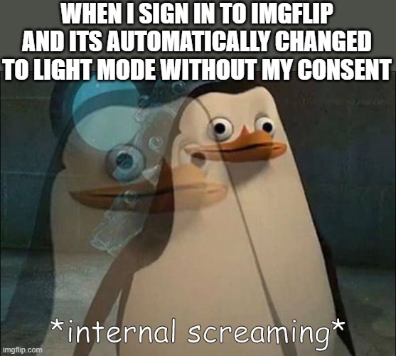 no. | WHEN I SIGN IN TO IMGFLIP AND ITS AUTOMATICALLY CHANGED TO LIGHT MODE WITHOUT MY CONSENT | image tagged in private internal screaming | made w/ Imgflip meme maker