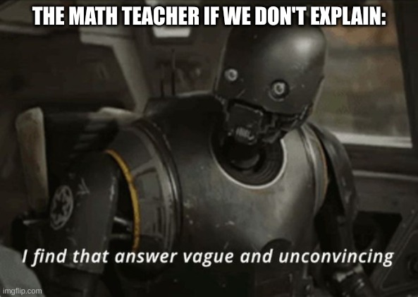 I find that answer vague and unconvincing | THE MATH TEACHER IF WE DON'T EXPLAIN: | image tagged in i find that answer vague and unconvincing | made w/ Imgflip meme maker