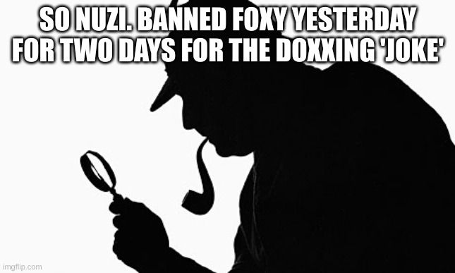 Sherlock Holmes | SO NUZI. BANNED FOXY YESTERDAY FOR TWO DAYS FOR THE DOXXING 'JOKE' | image tagged in sherlock holmes | made w/ Imgflip meme maker