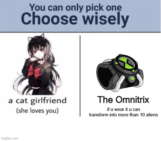 Choose wisely | The Omnitrix; if u wear it u can transform into more than 10 aliens | image tagged in choose wisely,ben 10,the omnitrix,omnitrix,aliens | made w/ Imgflip meme maker
