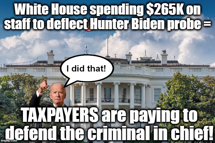 Want to save the country? Defund the Democrat Party! |  White House spending $265K on staff to deflect Hunter Biden probe =; I did that! TAXPAYERS are paying to defend the criminal in chief! | image tagged in theft,inflation,taxes,criminals,stupid liberals | made w/ Imgflip meme maker
