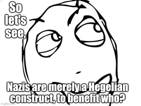 Question Rage Face Meme | So let's see, Nazis are merely a Hegelian construct, to benefit who? | image tagged in memes,question rage face | made w/ Imgflip meme maker