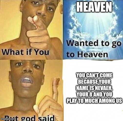 It's true | HEAVEN; YOU CAN'T COME BECAUSE YOUR NAME IS NEVAEH, YOUR 8 AND YOU PLAY TO MUCH AMONG US | image tagged in what if you wanted to go to heaven | made w/ Imgflip meme maker