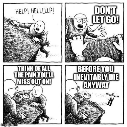 Man hanging on cliff | DON'T LET GO! THINK OF ALL
THE PAIN YOU'LL
MISS OUT ON! BEFORE YOU 
INEVITABLY DIE
ANYWAY | image tagged in man hanging on cliff | made w/ Imgflip meme maker