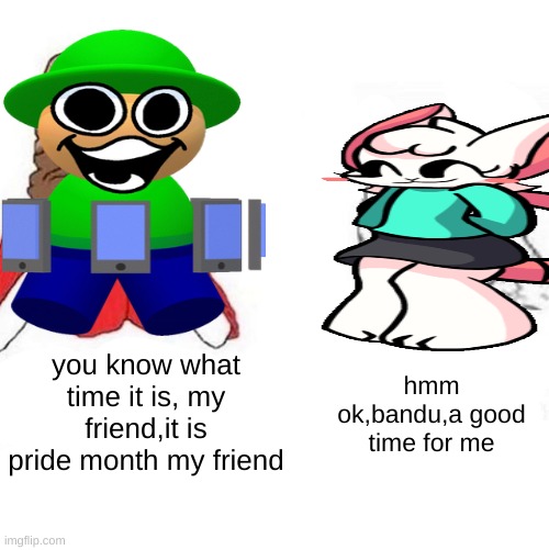 how i celebrate pride month now | you know what time it is, my friend,it is pride month my friend; hmm ok,bandu,a good time for me | image tagged in reggie,bandu,femboy,pride month now | made w/ Imgflip meme maker