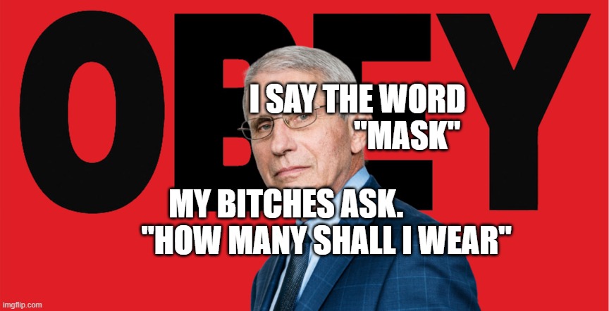 Obey Dr. Fauci | MY BITCHES ASK.              "HOW MANY SHALL I WEAR"; I SAY THE WORD                  "MASK" | image tagged in obey dr fauci | made w/ Imgflip meme maker