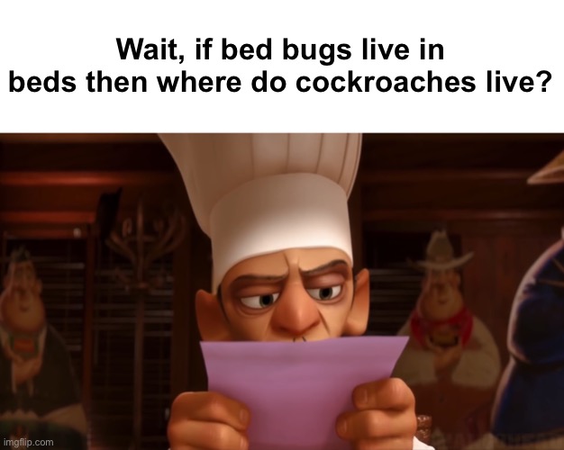 ... | Wait, if bed bugs live in beds then where do cockroaches live? | image tagged in chef skinner,memes,unfunny | made w/ Imgflip meme maker