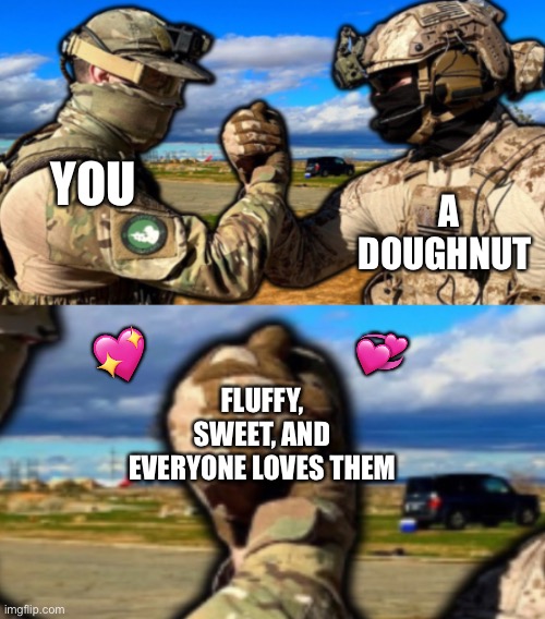 I mean, it’s true | A DOUGHNUT; YOU; 💞; 💖; FLUFFY, SWEET, AND EVERYONE LOVES THEM | image tagged in soldiers teaming,wholesome | made w/ Imgflip meme maker