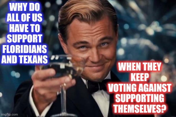 Texas And Florida Are The Crusty Crotches Of The United States | WHY DO ALL OF US HAVE TO SUPPORT FLORIDIANS AND TEXANS; WHEN THEY KEEP VOTING AGAINST SUPPORTING THEMSELVES? | image tagged in memes,leonardo dicaprio cheers,idiots,florida,texas,just say no | made w/ Imgflip meme maker