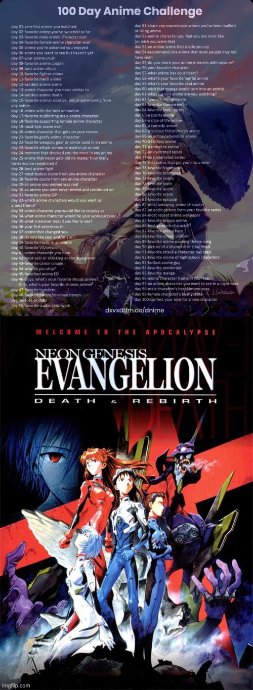 Day 5: Neon Genisis Evangelion | image tagged in 100 day anime challenge | made w/ Imgflip meme maker